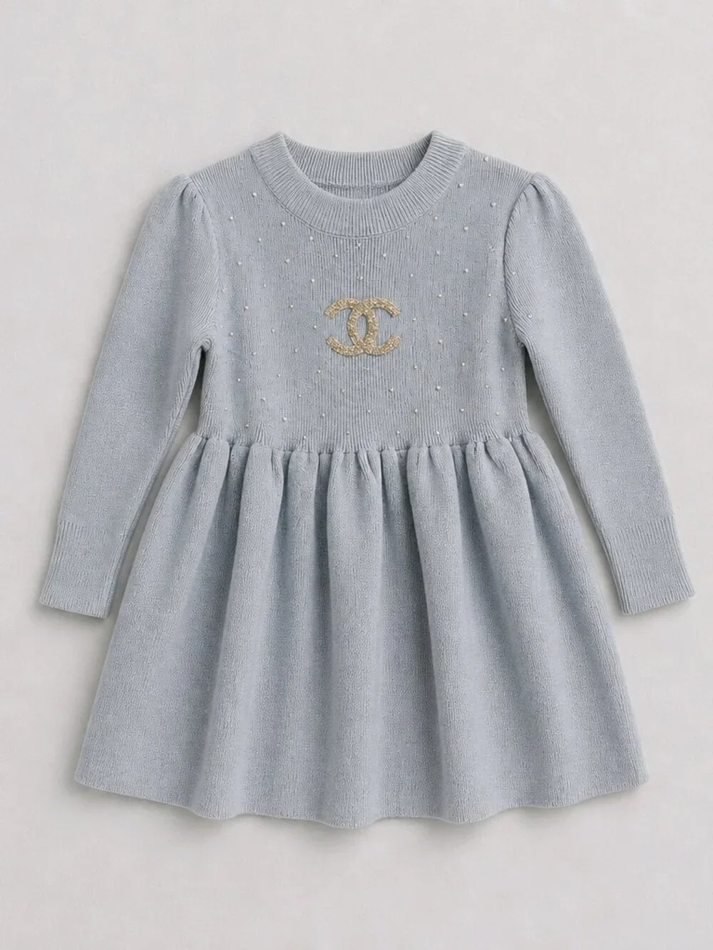 Rhinestone Luxury Cotton Knit Blue Designer Logo Dress